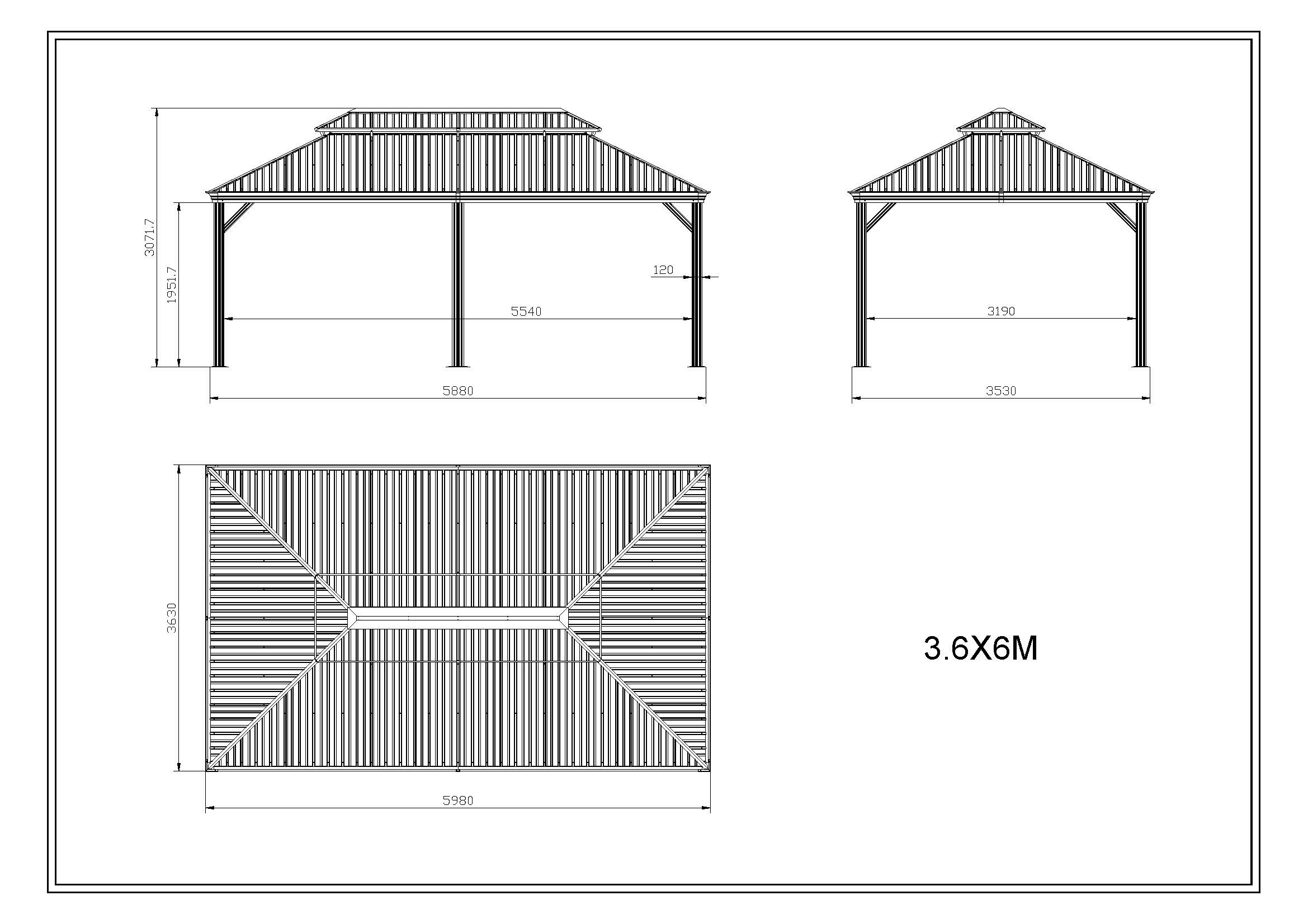 גזיבו אלומיניום דגם קנזס דלוקס 3.65X6 מטר